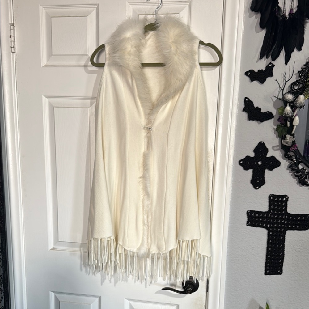 Elegant White Faux Fur Trimmed Cape origami by Vivian
